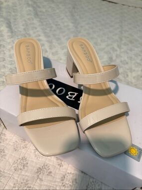 BAMBOO Cream Two-Strap Square Toe Block Heel Mules